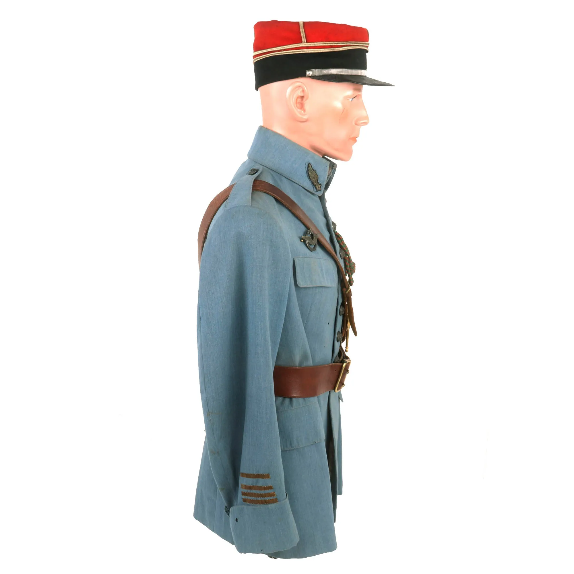 Original France WWI Pilot Armée de l'Air French Air Service Commandant Officer’s Uniform Set With Tunic, Trousers, Sam Browne Belt and Kepi With Squadron Insignia & Swagger Stick - 'Stork Escadrille N3'