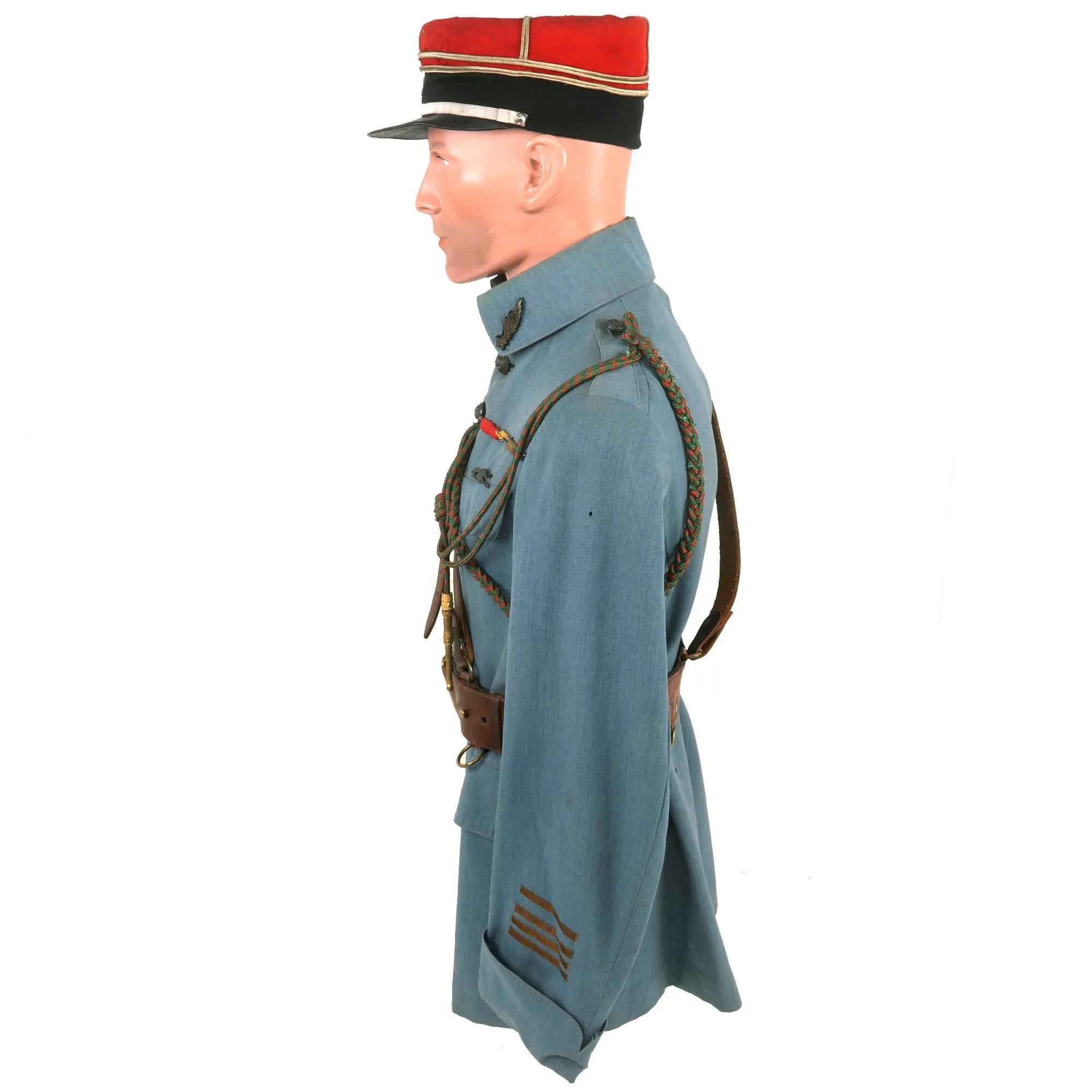 Original France WWI Pilot Armée de l'Air French Air Service Commandant Officer’s Uniform Set With Tunic, Trousers, Sam Browne Belt and Kepi With Squadron Insignia & Swagger Stick - 'Stork Escadrille N3'