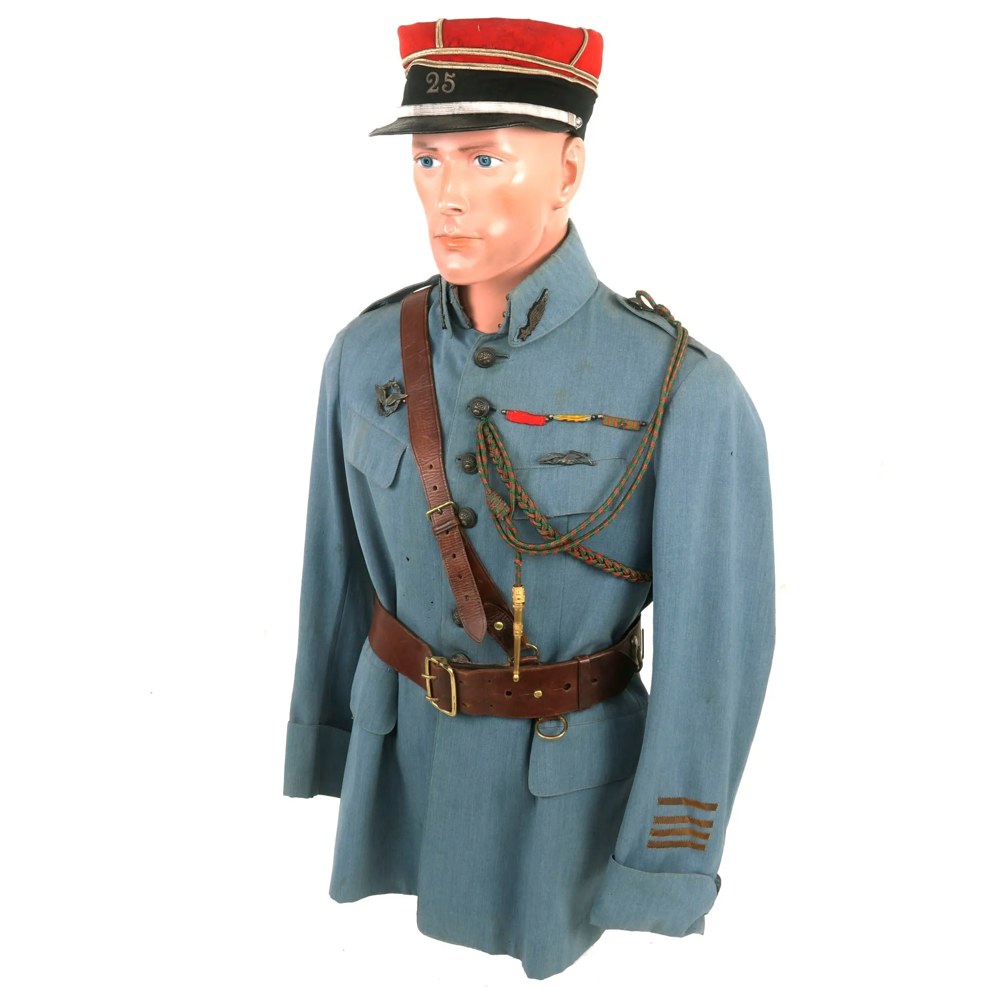 Original France WWI Pilot Armée de l'Air French Air Service Commandant Officer’s Uniform Set With Tunic, Trousers, Sam Browne Belt and Kepi With Squadron Insignia & Swagger Stick - 'Stork Escadrille N3'