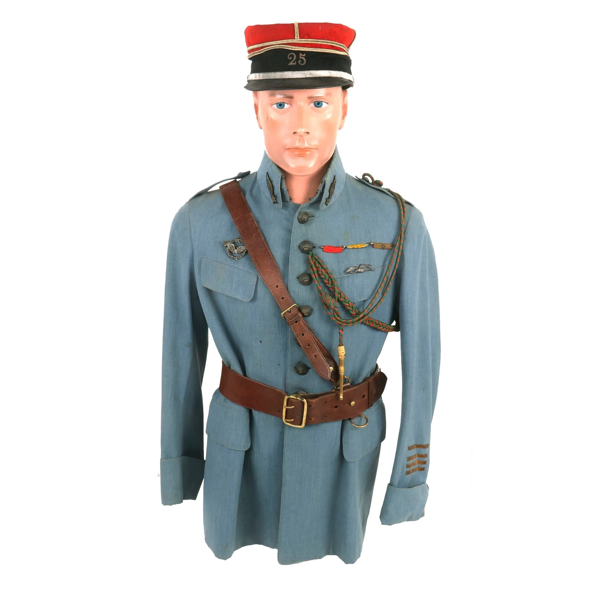 Original France WWI Pilot Armée de l'Air French Air Service Commandant Officer’s Uniform Set With Tunic, Trousers, Sam Browne Belt and Kepi With Squadron Insignia & Swagger Stick - 'Stork Escadrille N3'