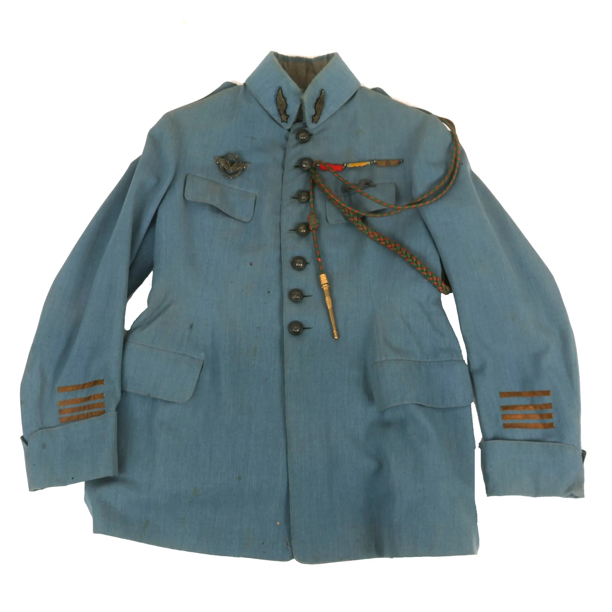 Original France WWI Pilot Armée de l'Air French Air Service Commandant Officer’s Uniform Set With Tunic, Trousers, Sam Browne Belt and Kepi With Squadron Insignia & Swagger Stick - 'Stork Escadrille N3'