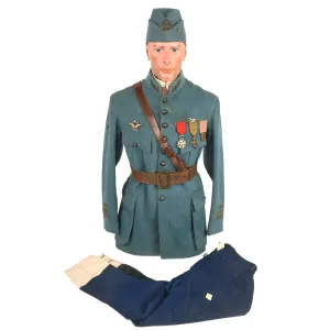 Original France WWI Pilot Armée de l'Air French Air Service Wounded Commandant Officer’s Uniform Set With Tunic, Trousers, Sam Browne Belt, Medals, and Overseas Cap with Squadron Insignia - 'Stork Escadrille N3'