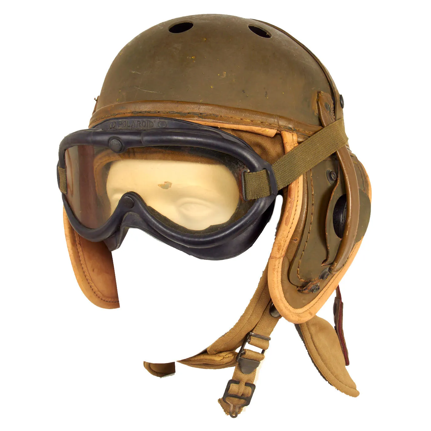 Original U.S. WWII M38 Tanker Helmet by Rawlings With Type R-14 Earphones, M1942 Winter Combat Helmet and M1944 Polaroid Goggles