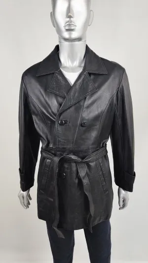 Paolo di Milano Vintage Mens Unisex Black Leather Belted Coat