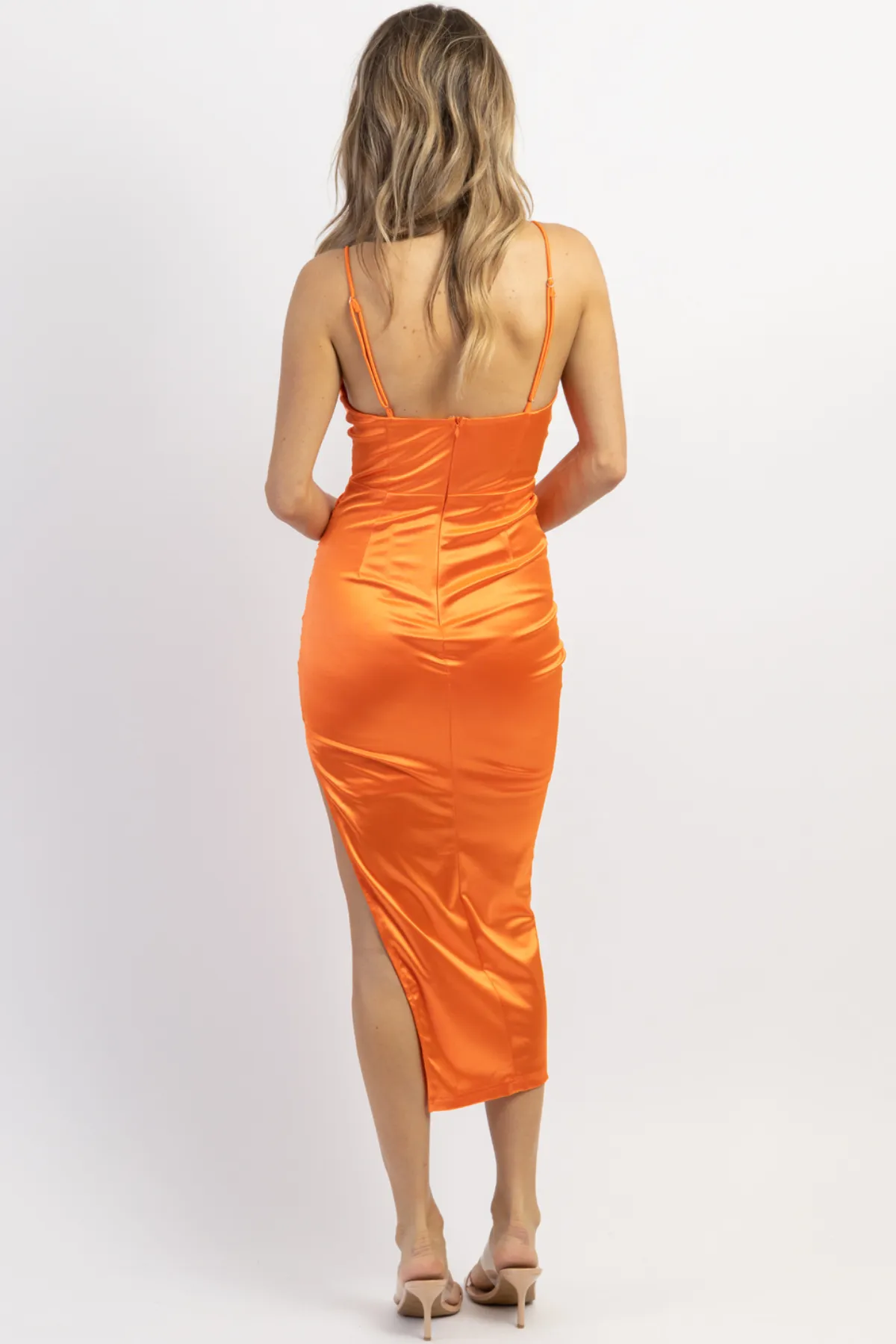 PAPAYA PLUNGE SIDE RUCHED MIDI DRESS