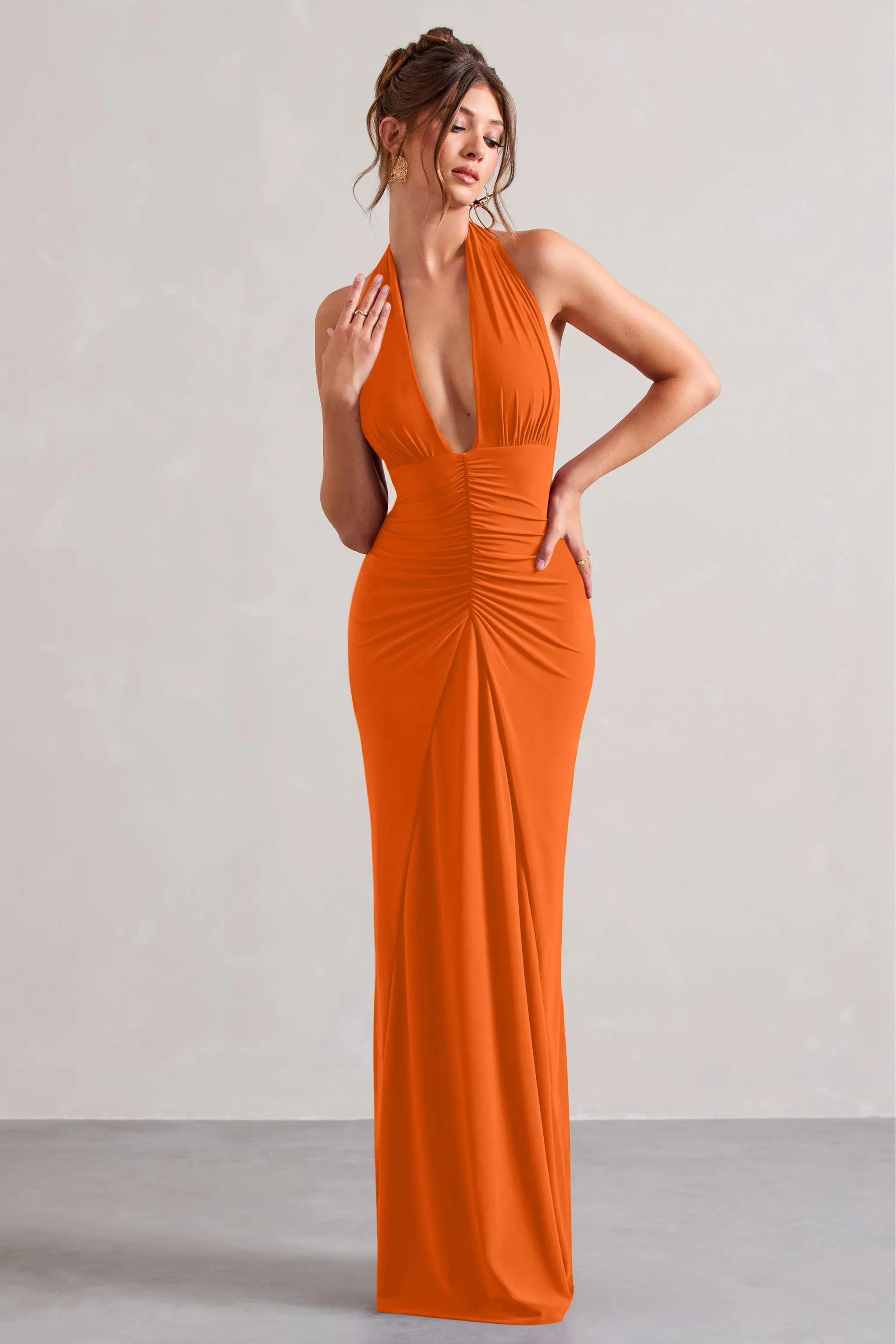 Payton | Orange Ruched Halter-Neck Maxi Dress