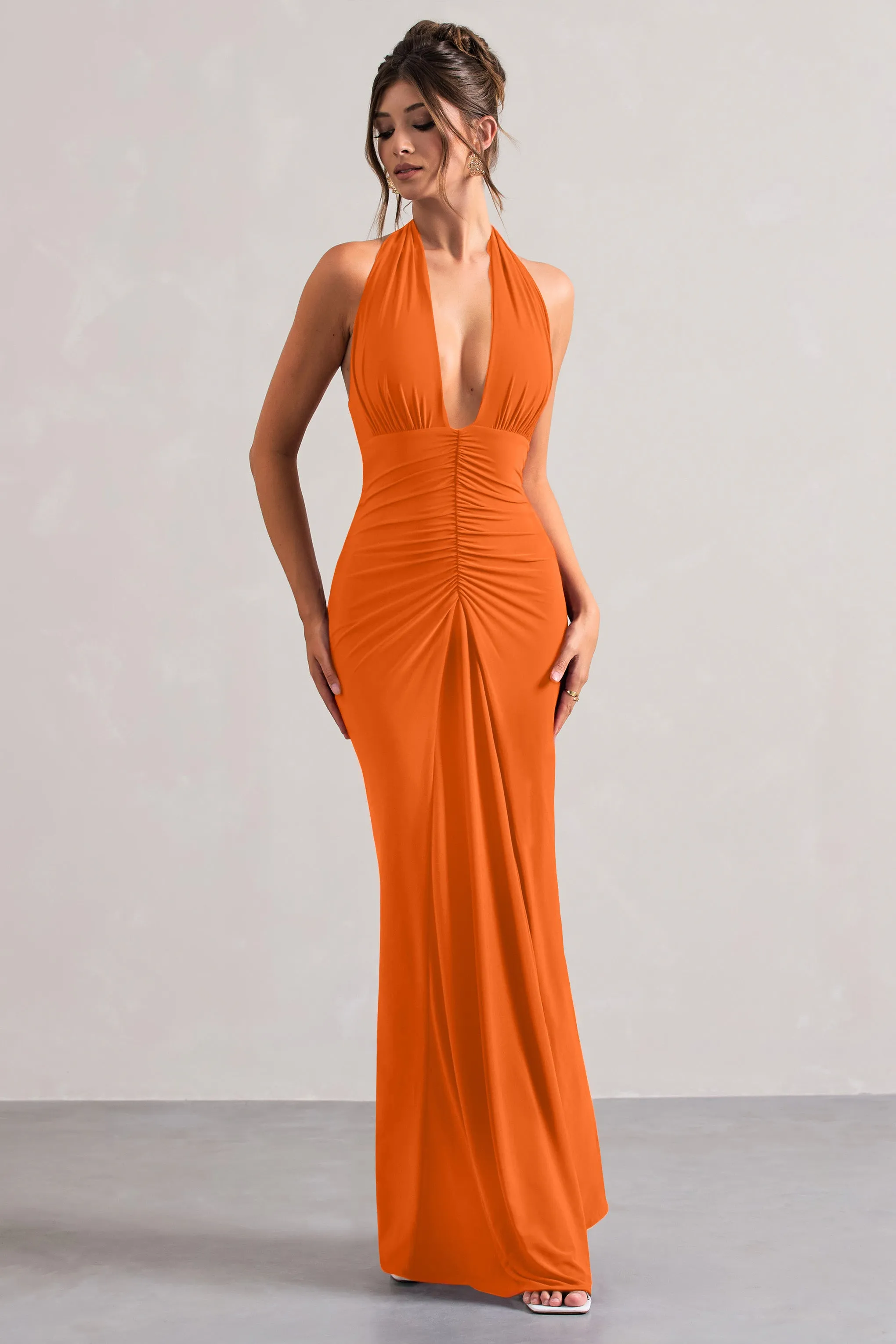 Payton | Orange Ruched Halter-Neck Maxi Dress