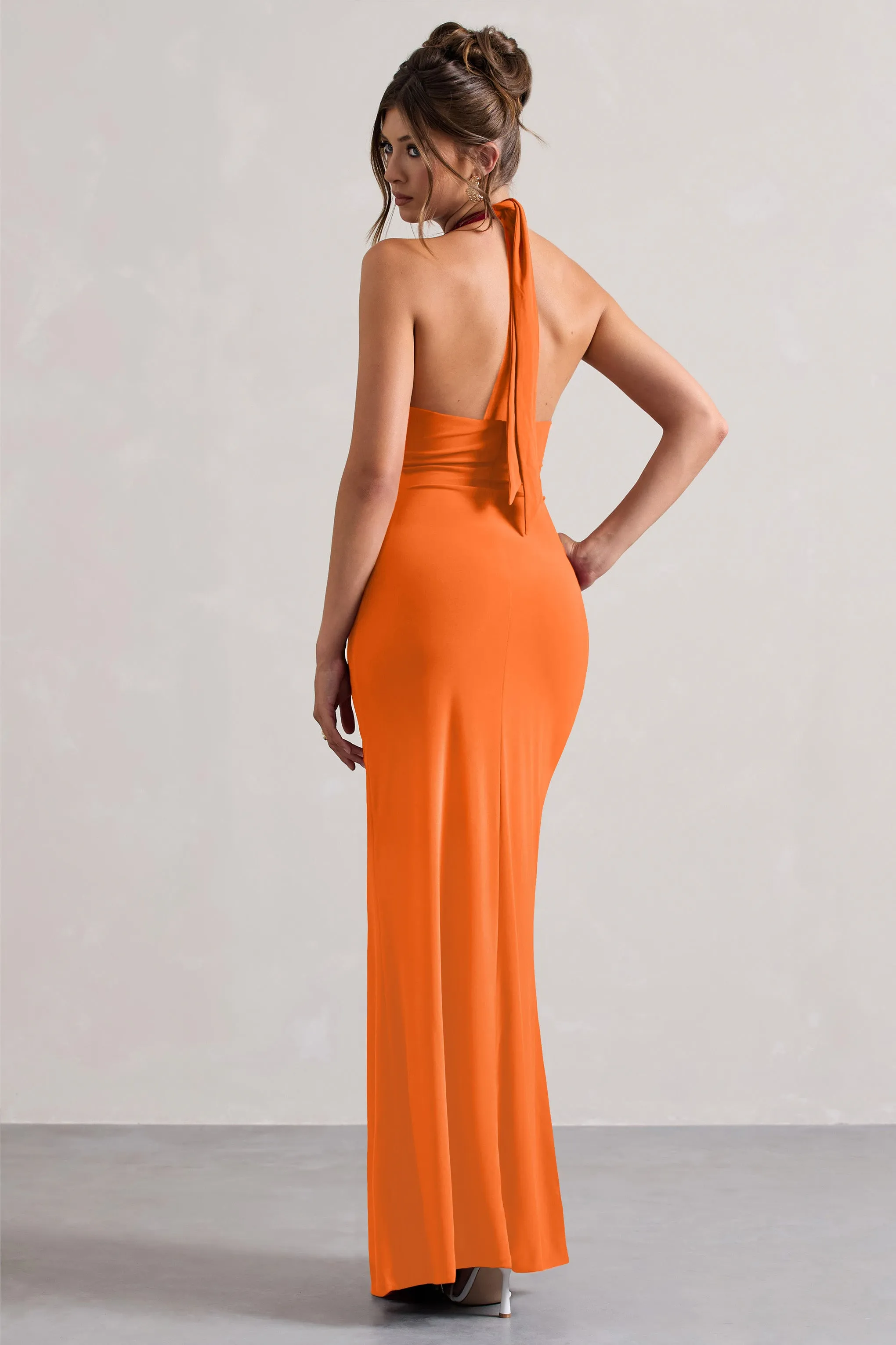 Payton | Orange Ruched Halter-Neck Maxi Dress