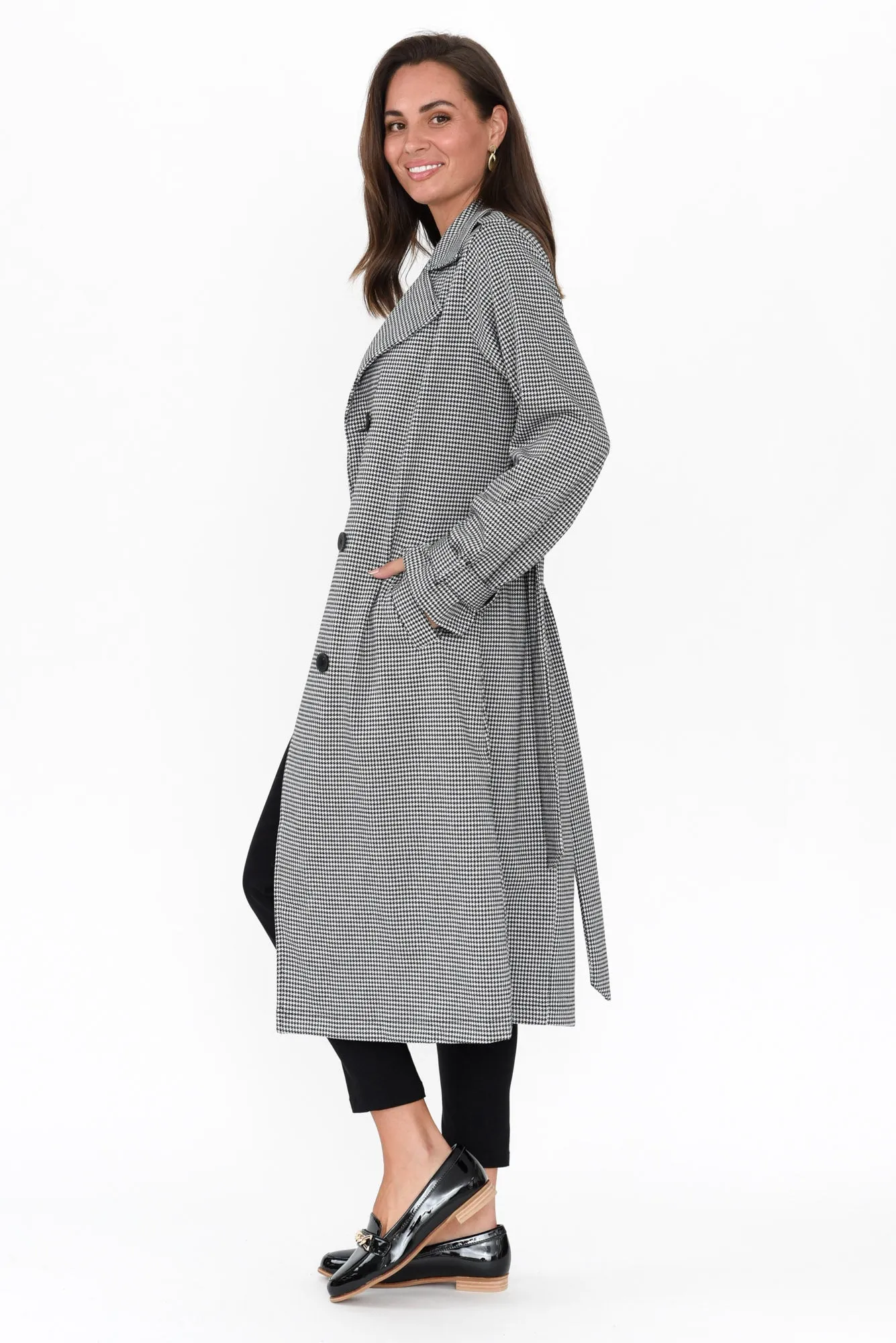 Penn Black Houndstooth Ponte Trench Coat