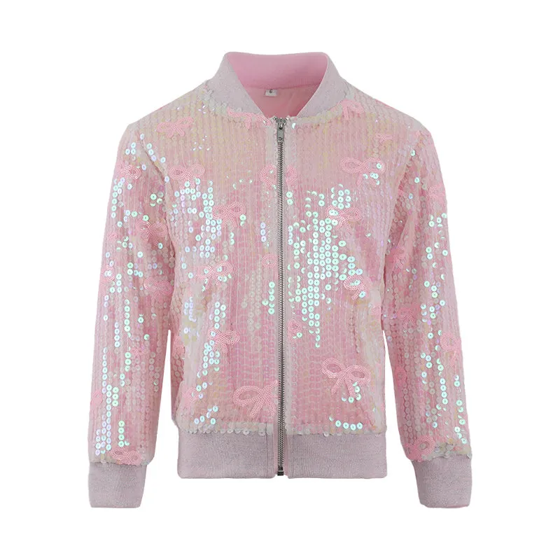 Pink Bow Sequin Bomber Jacket