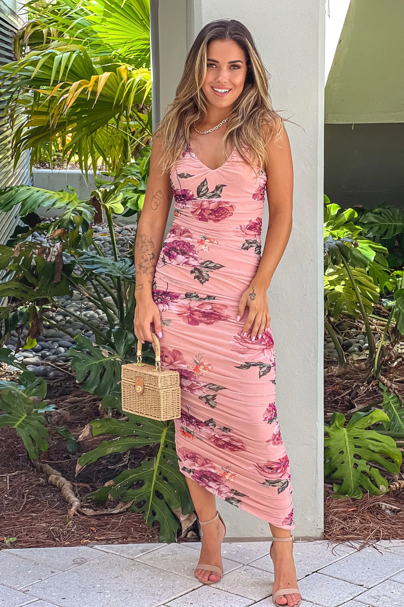 Pink Floral Mesh Sleeveless Dress