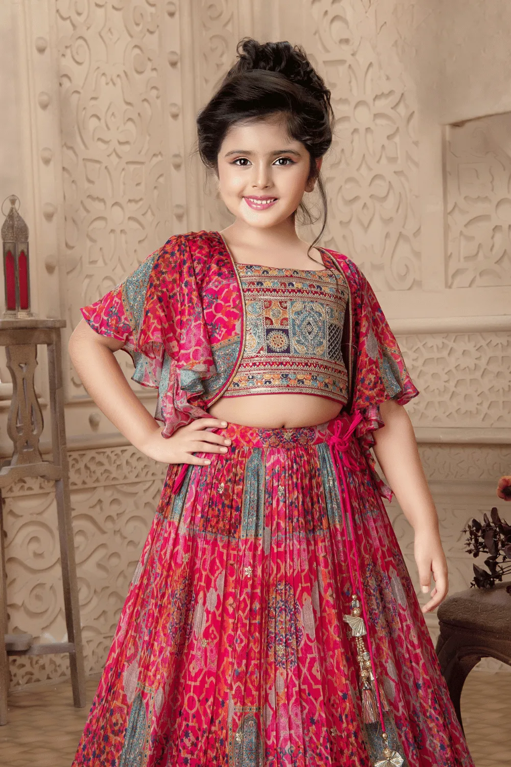 Pink Multicolor Thread, Sequins and Zari work Overcoat Styled Lehenga Choli for Girls