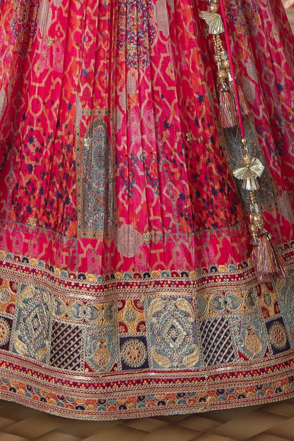 Pink Multicolor Thread, Sequins and Zari work Overcoat Styled Lehenga Choli for Girls