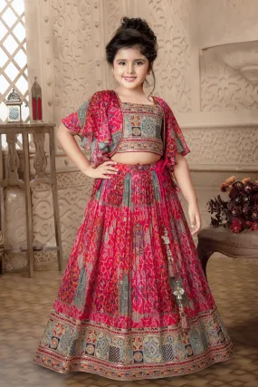 Pink Multicolor Thread, Sequins and Zari work Overcoat Styled Lehenga Choli for Girls