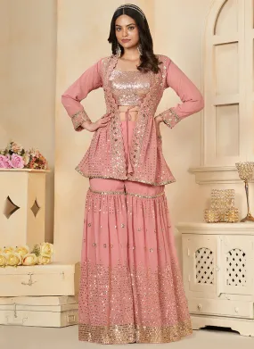 Pink Sequence Embroidery Jacket Style Gharara Suit