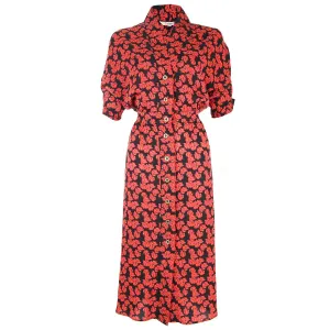 Placket Midi Shirtdress in Red Fish Print