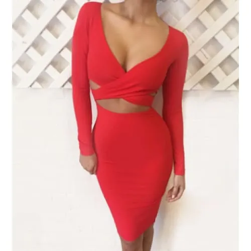 Plunging Neck Criss Cross Cut Out Front Bodycon Dress