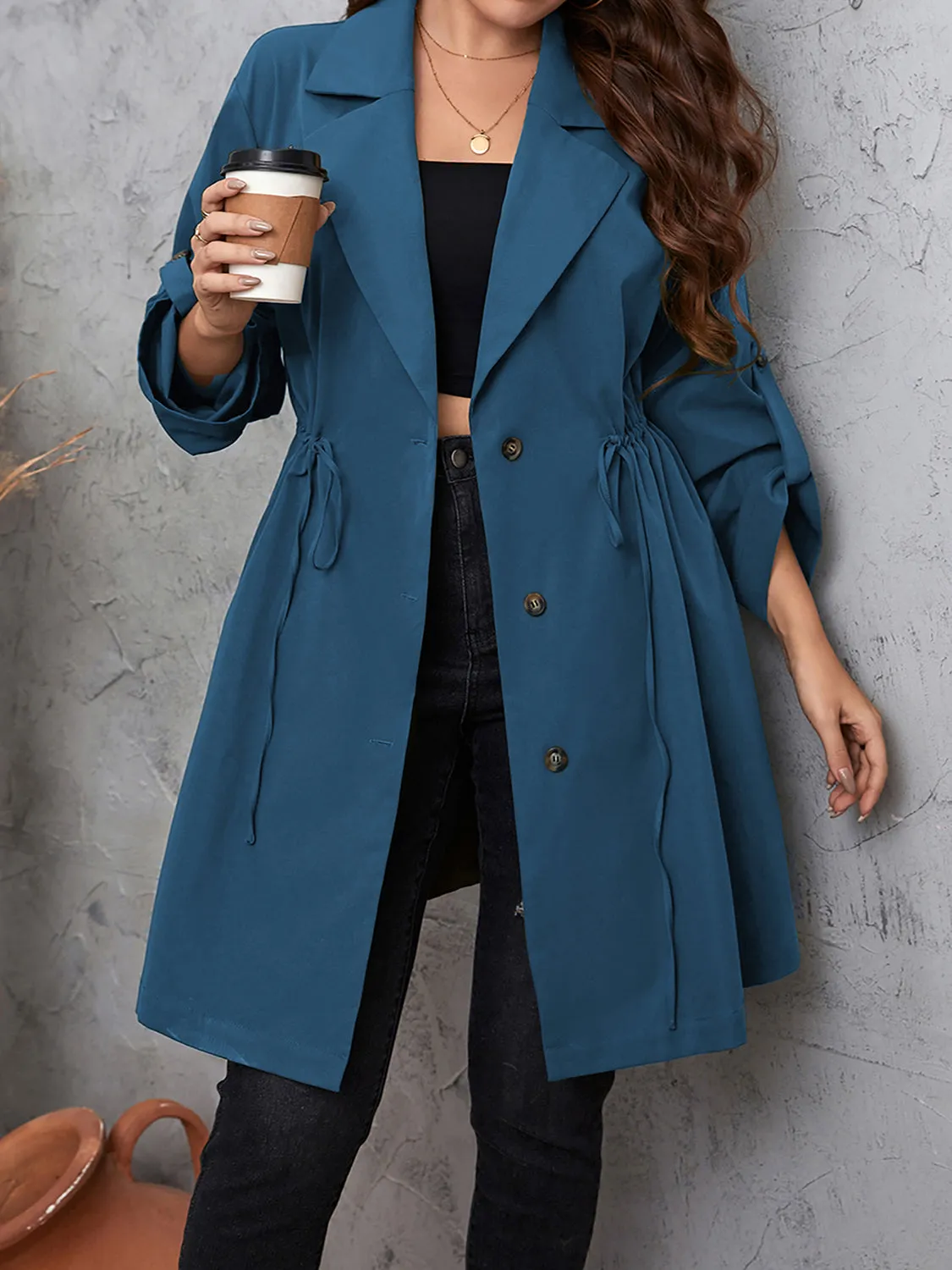 Plus Size Lapel Collar Drawstring Roll-Tab Sleeve Trench Coat