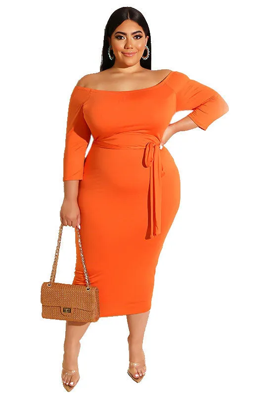 Plus Size Orange Bodycon Mid Length Dress