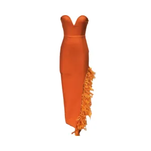 Pre Order:  Strapless V-Neck Backless Feather Split Bandage Dress