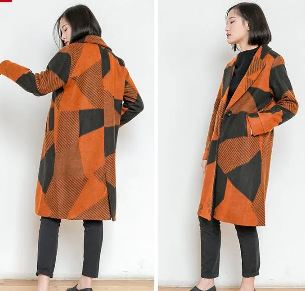 Print  Loose Style Long Sleeve Pocket Women Coat