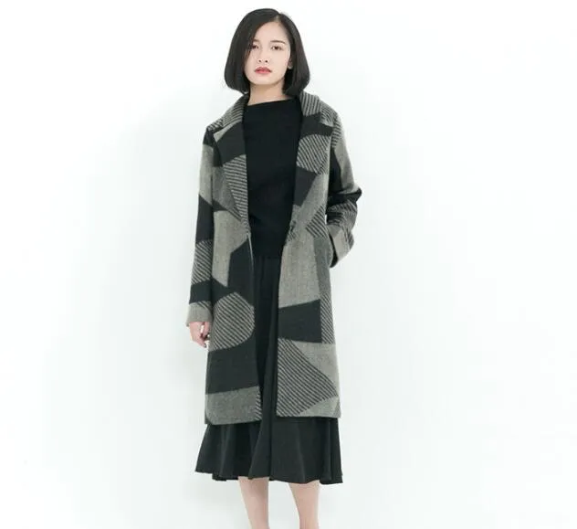 Print  Loose Style Long Sleeve Pocket Women Coat