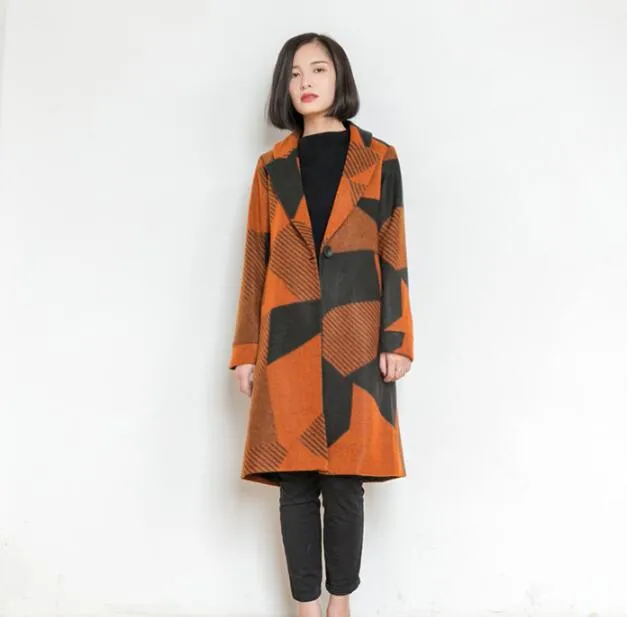 Print  Loose Style Long Sleeve Pocket Women Coat