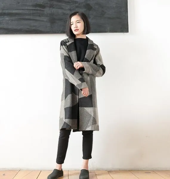 Print  Loose Style Long Sleeve Pocket Women Coat