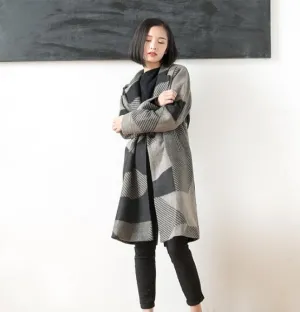 Print  Loose Style Long Sleeve Pocket Women Coat