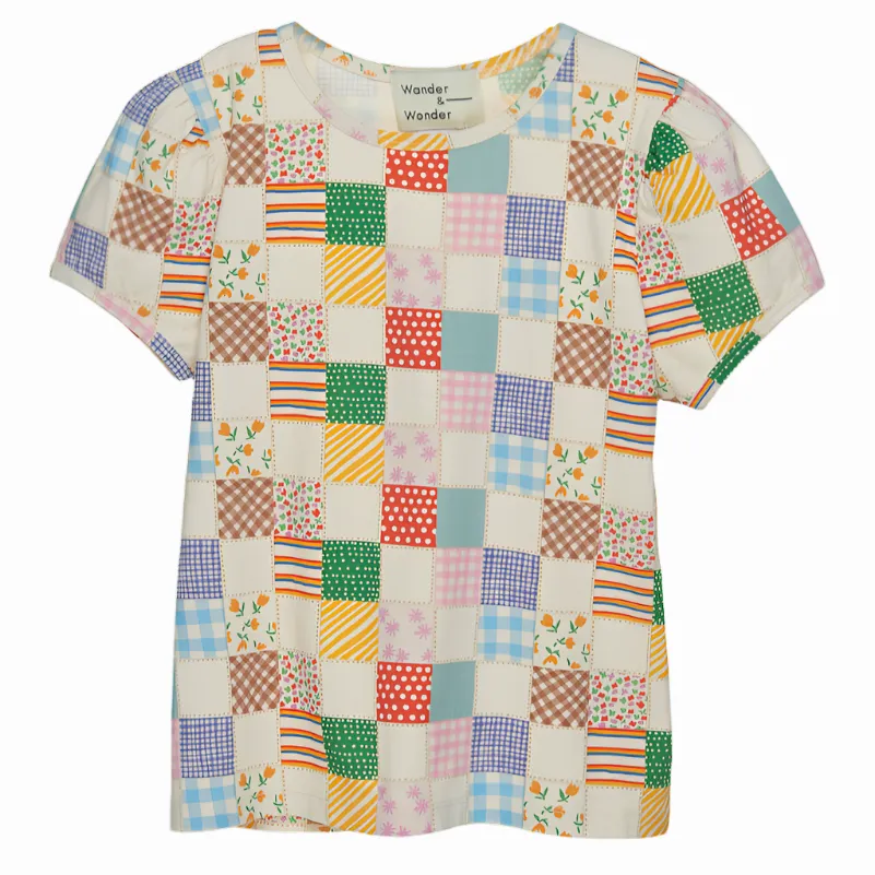 PUFF SLEEVE PATCHWORK T SHIRT