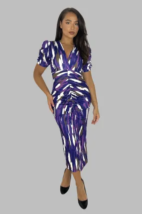 Puff Sleeve Ruched Abstract Print Slit Slinky Long Bodycon Dress