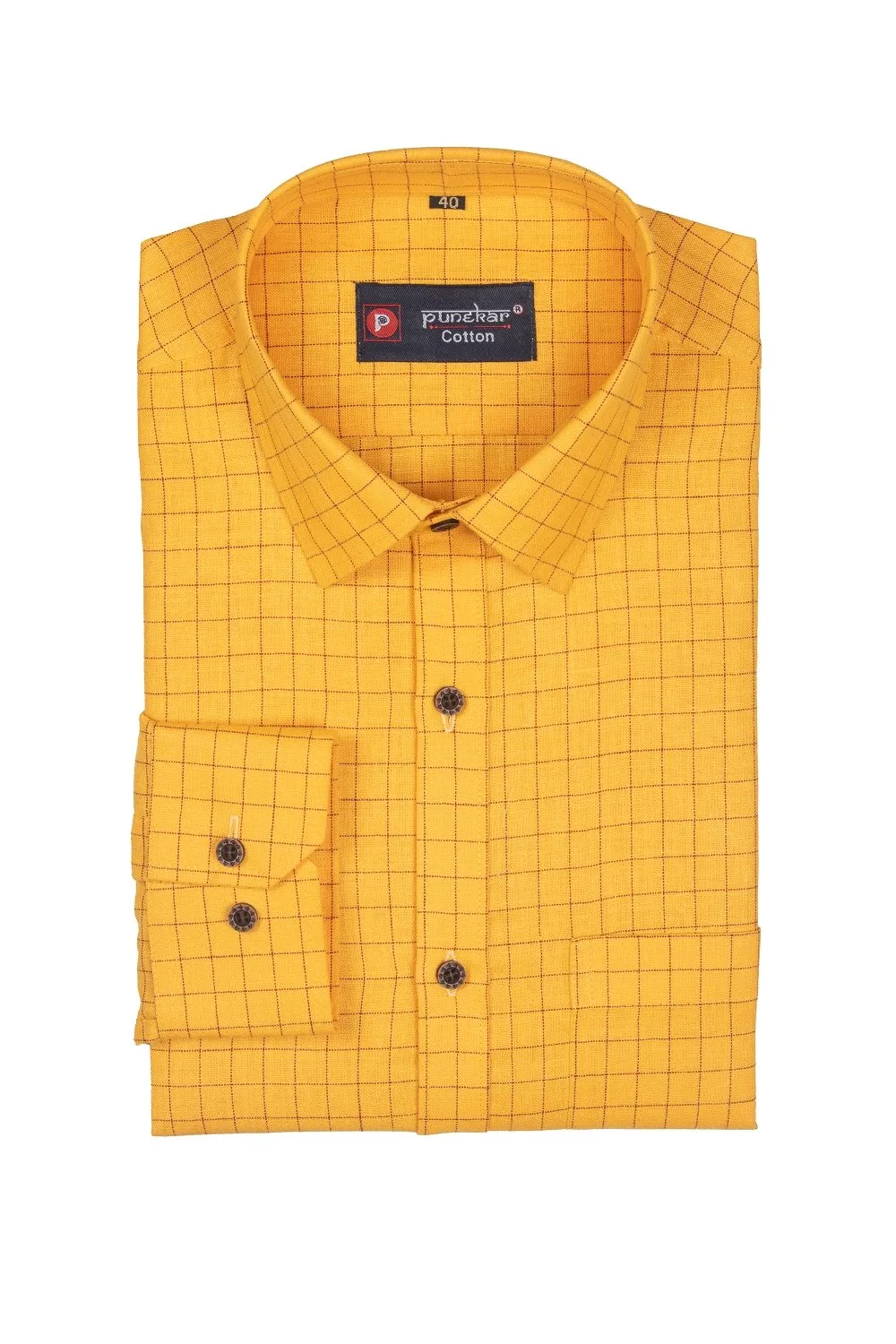 Punekar Cotton Maize Color Check Criss Cross Woven Cotton Shirt for Men's.