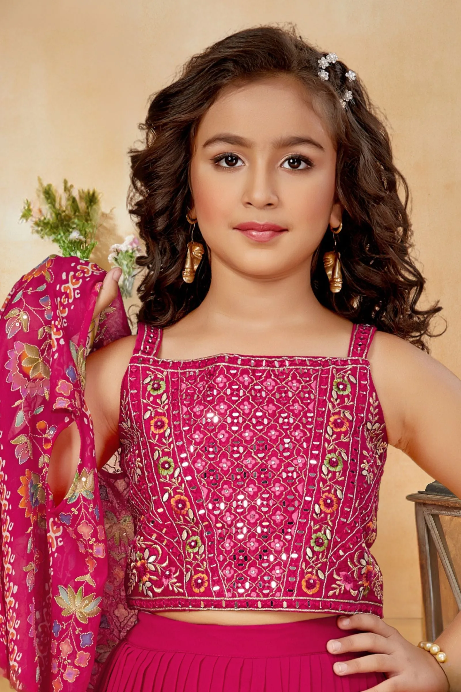 Rani Pink Multicolor Embroidery work with Digital Print Overcoat Styled Palazzo Set for Girls