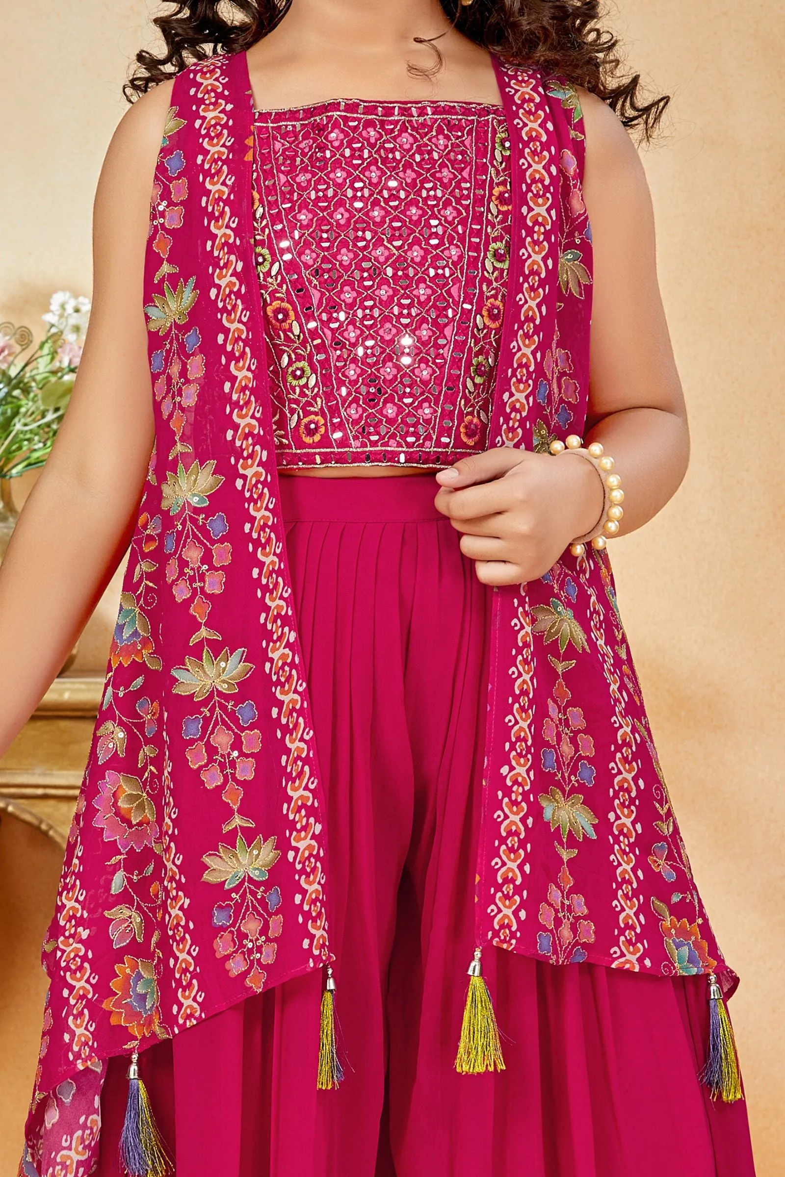 Rani Pink Multicolor Embroidery work with Digital Print Overcoat Styled Palazzo Set for Girls