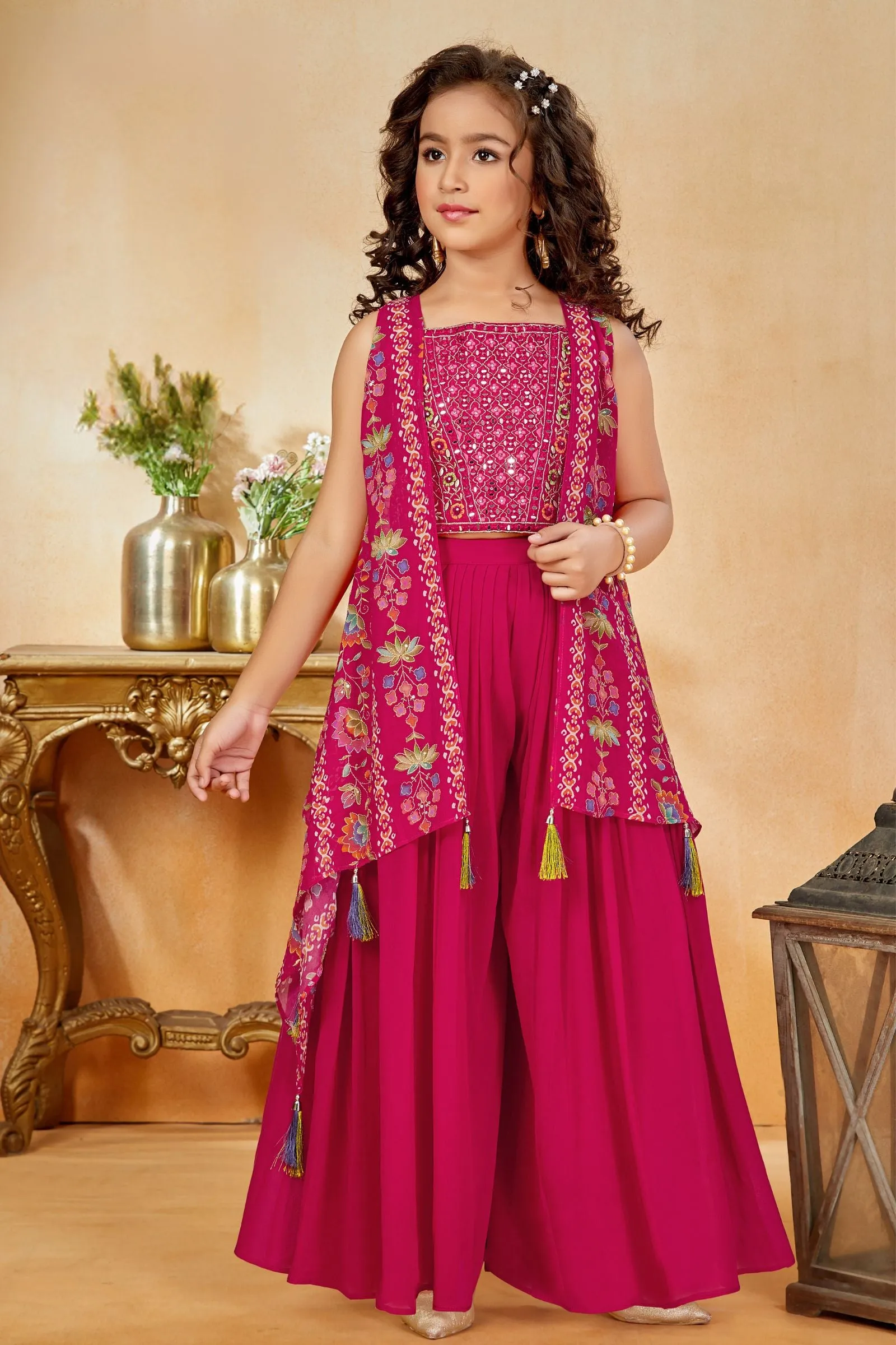 Rani Pink Multicolor Embroidery work with Digital Print Overcoat Styled Palazzo Set for Girls