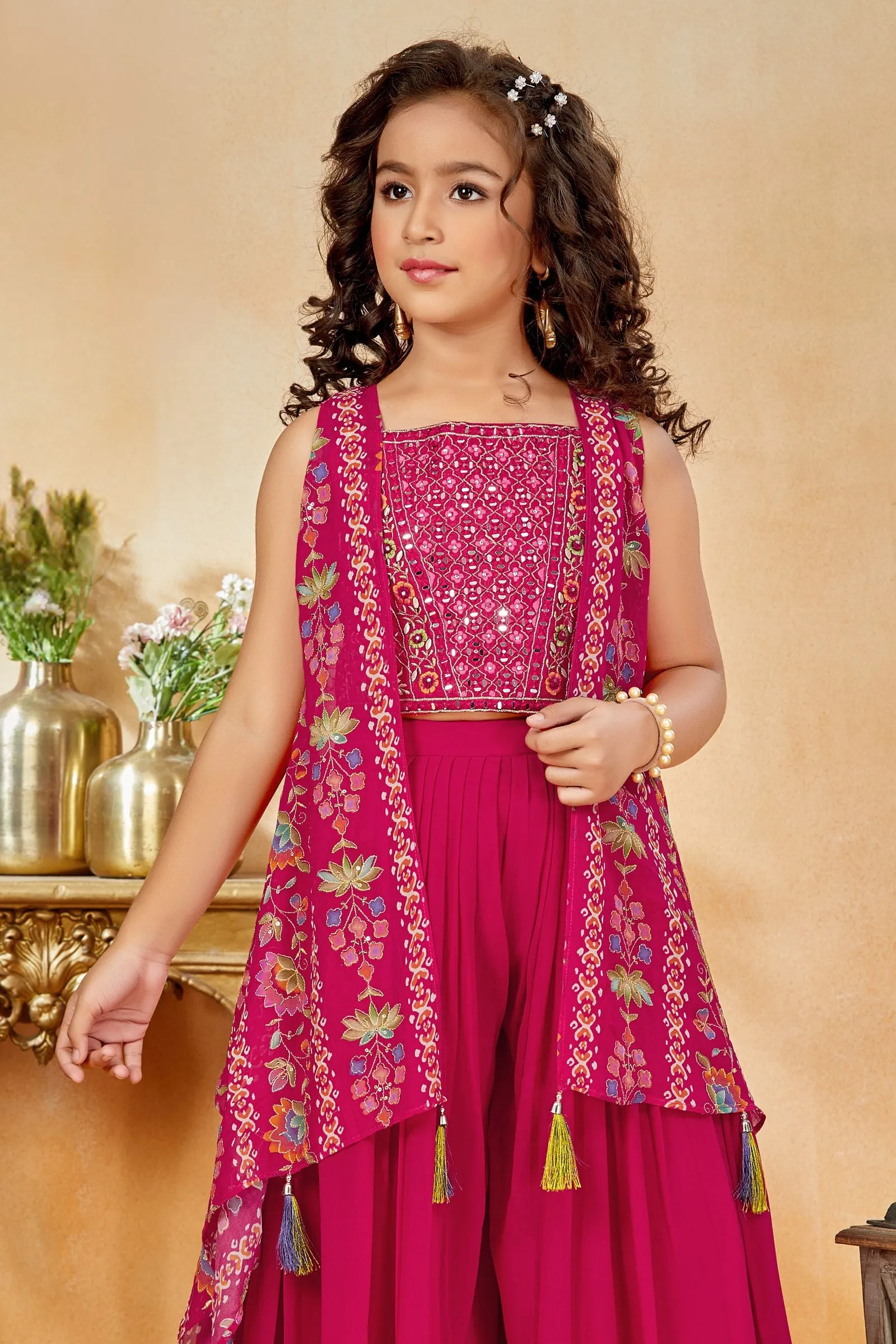 Rani Pink Multicolor Embroidery work with Digital Print Overcoat Styled Palazzo Set for Girls