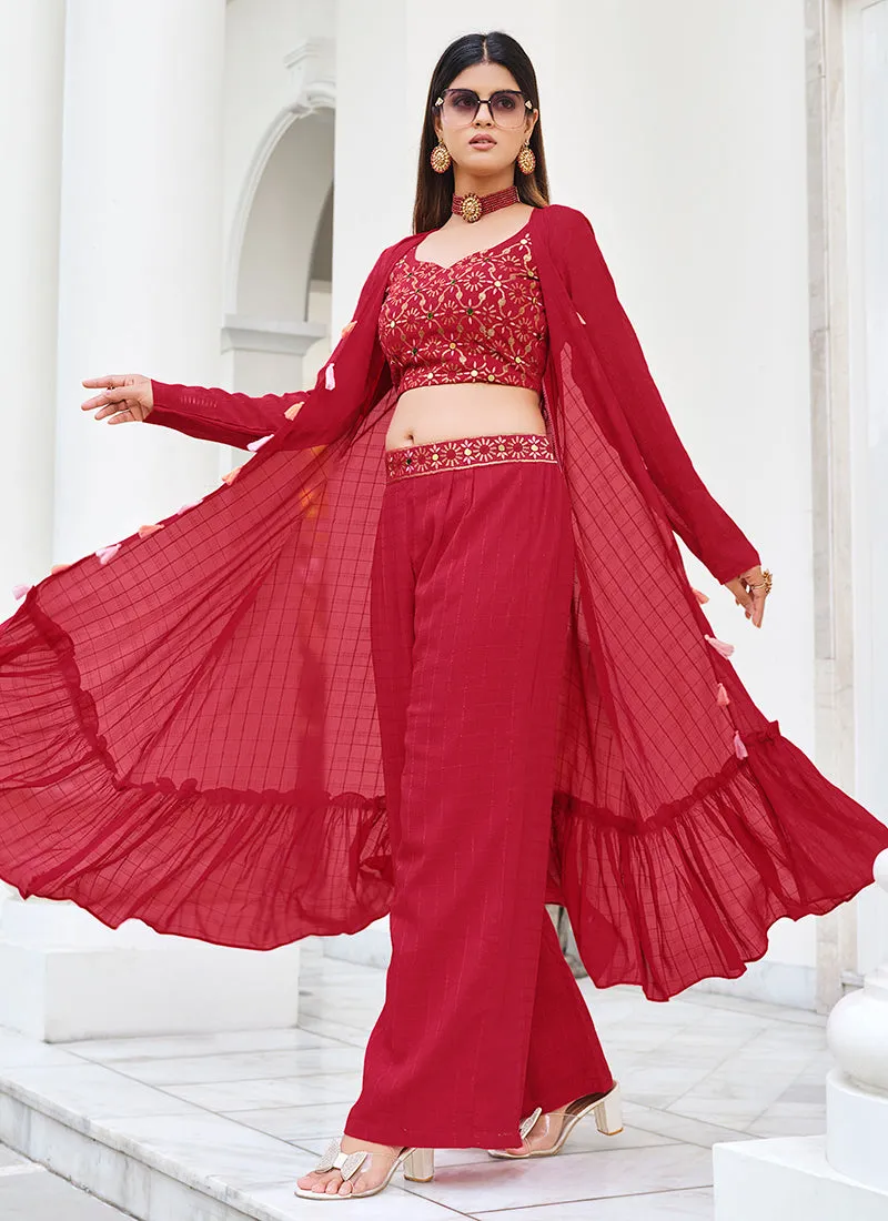 Red Mirror Work Embroidery Cape Style Co-Ord Palazzo Set