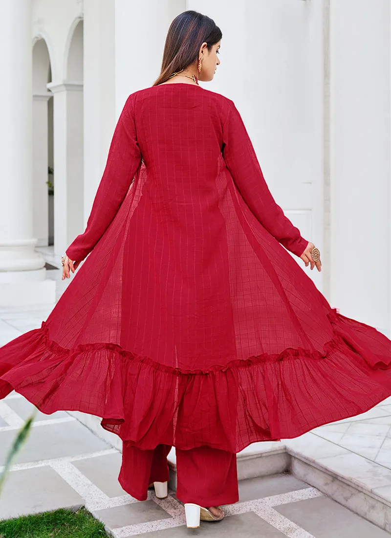 Red Mirror Work Embroidery Cape Style Co-Ord Palazzo Set