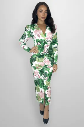 Ruched Puff Long Sleeve Low Cut Floral Print Slinky Bodycon Dress