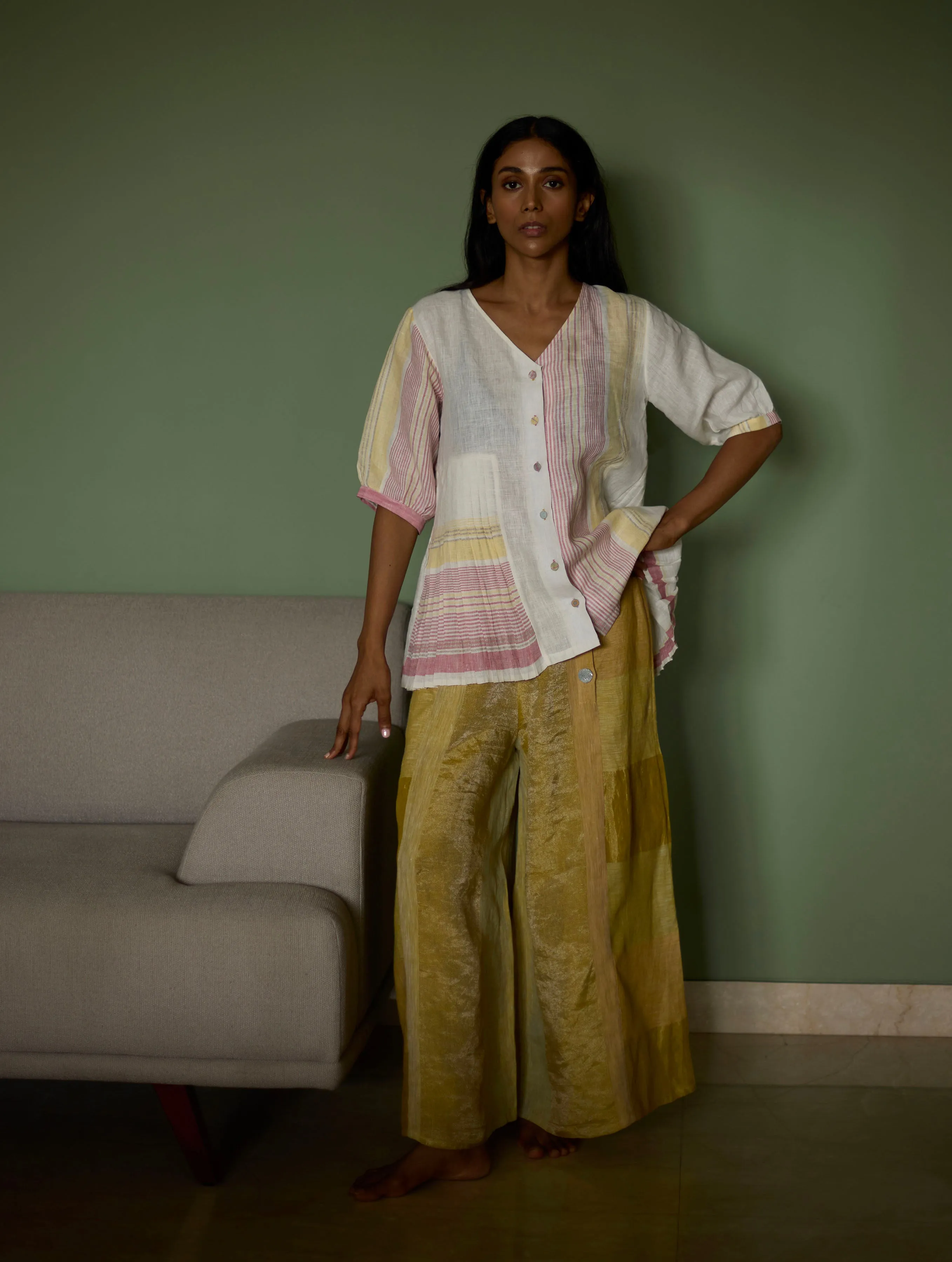 Simer Ivory Pleated Top with Mango Metallic Pants