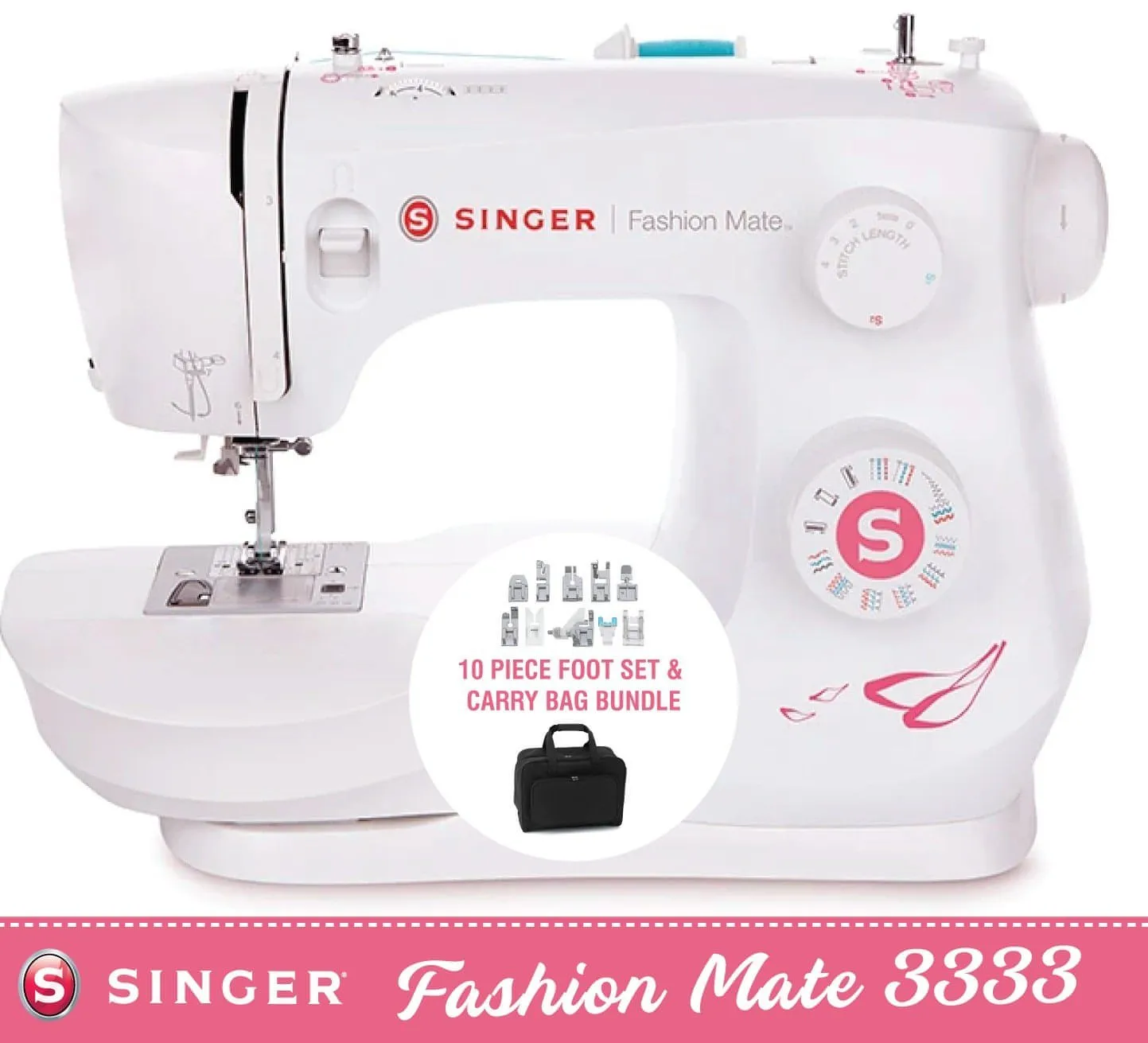 Singer Fashion Mate 3333 Bundle with 10 piece sewing accessory foot set and Storage Bag worth over £60