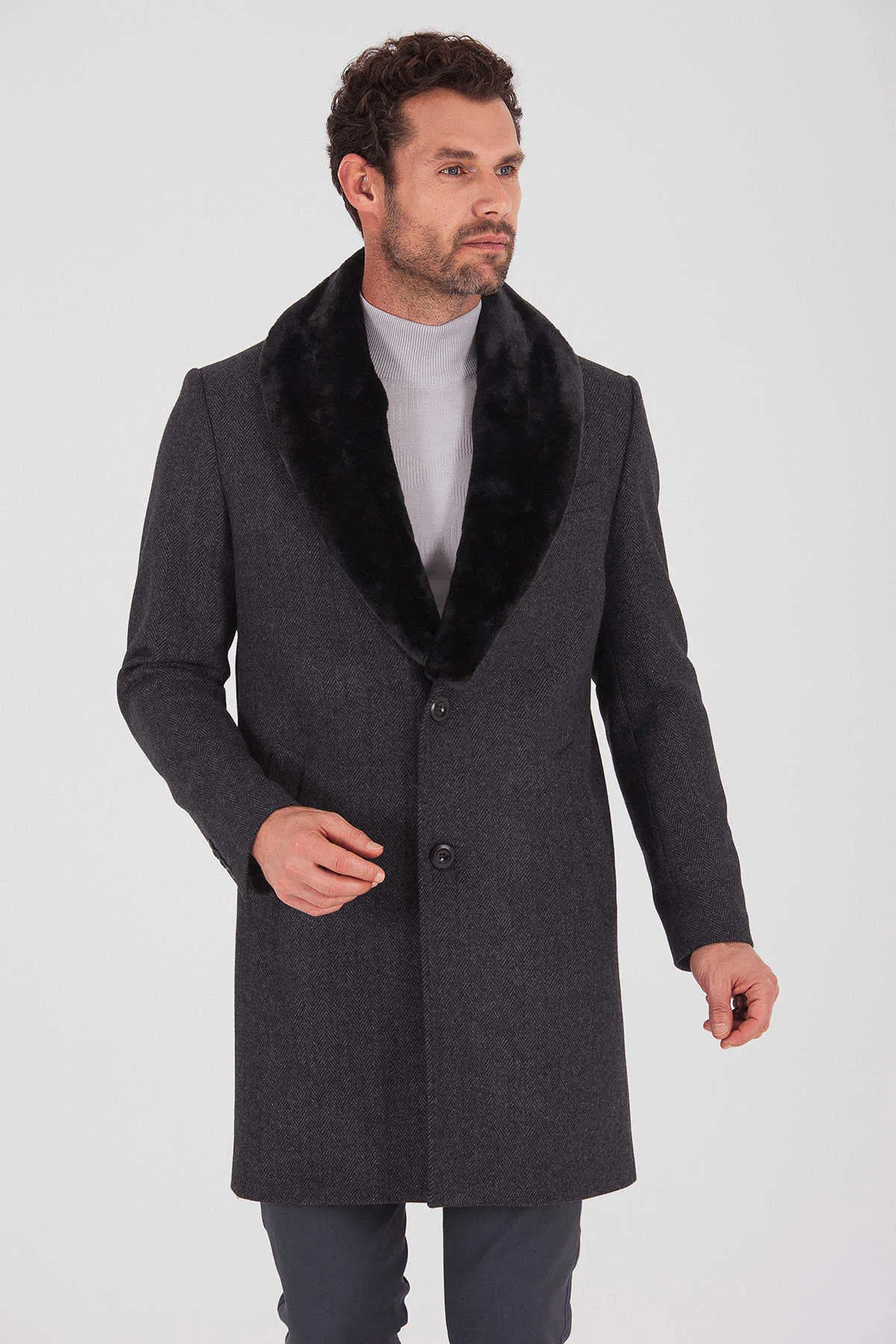 Slim Fit Cachet Charcoal Herringbone Wool Blend Overcoat