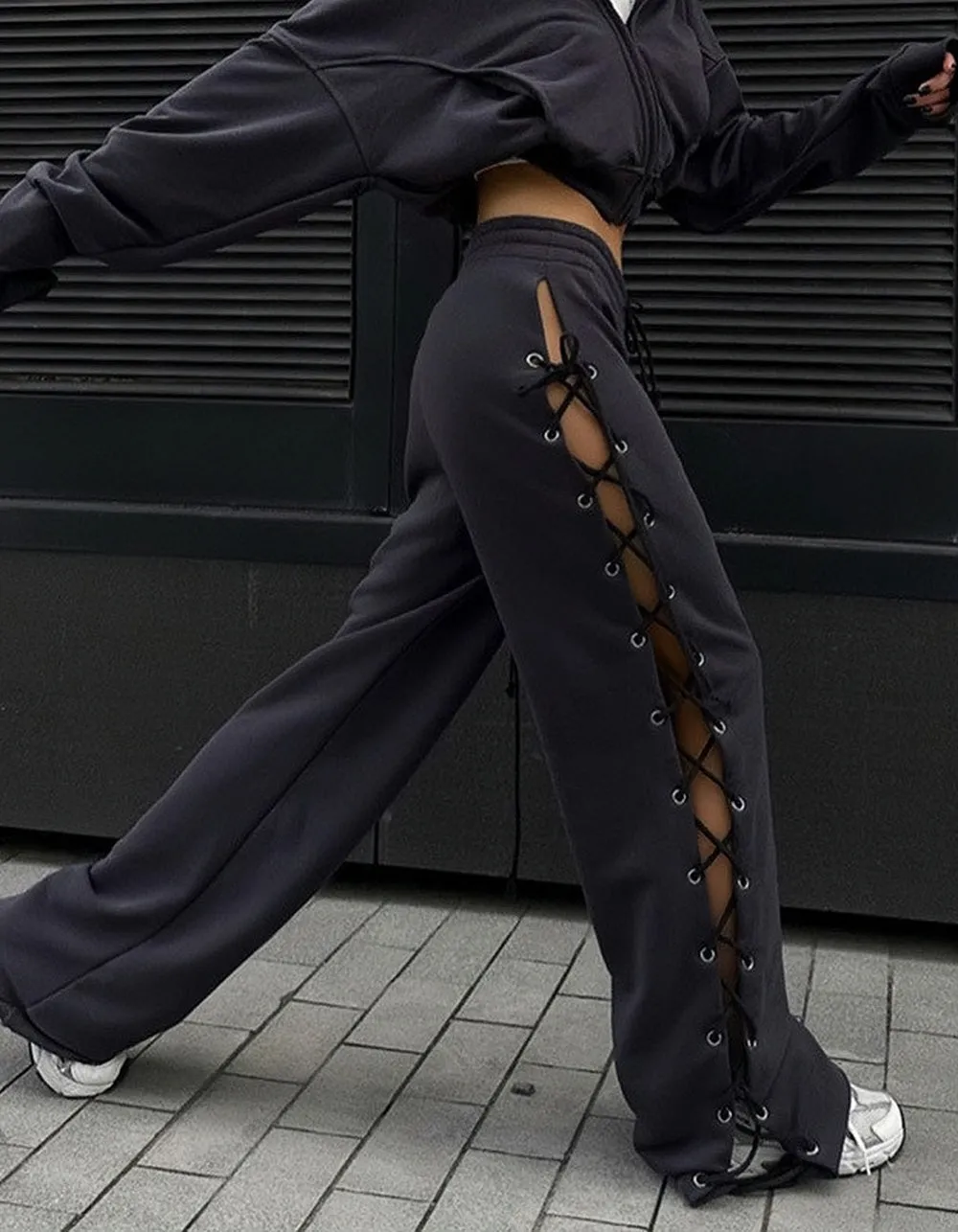 Solid-color Slim Side Split Tied Skeleton Wide Leg Pants