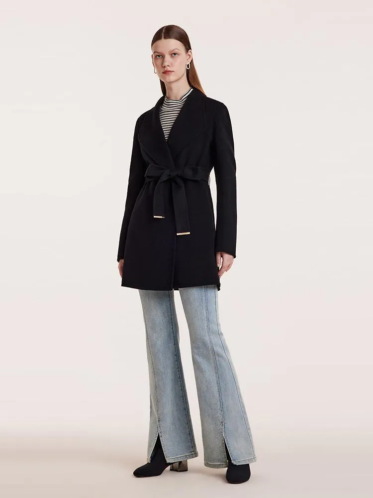 Tencel Wool Notched Lapel Mid-Length Coat With Belt