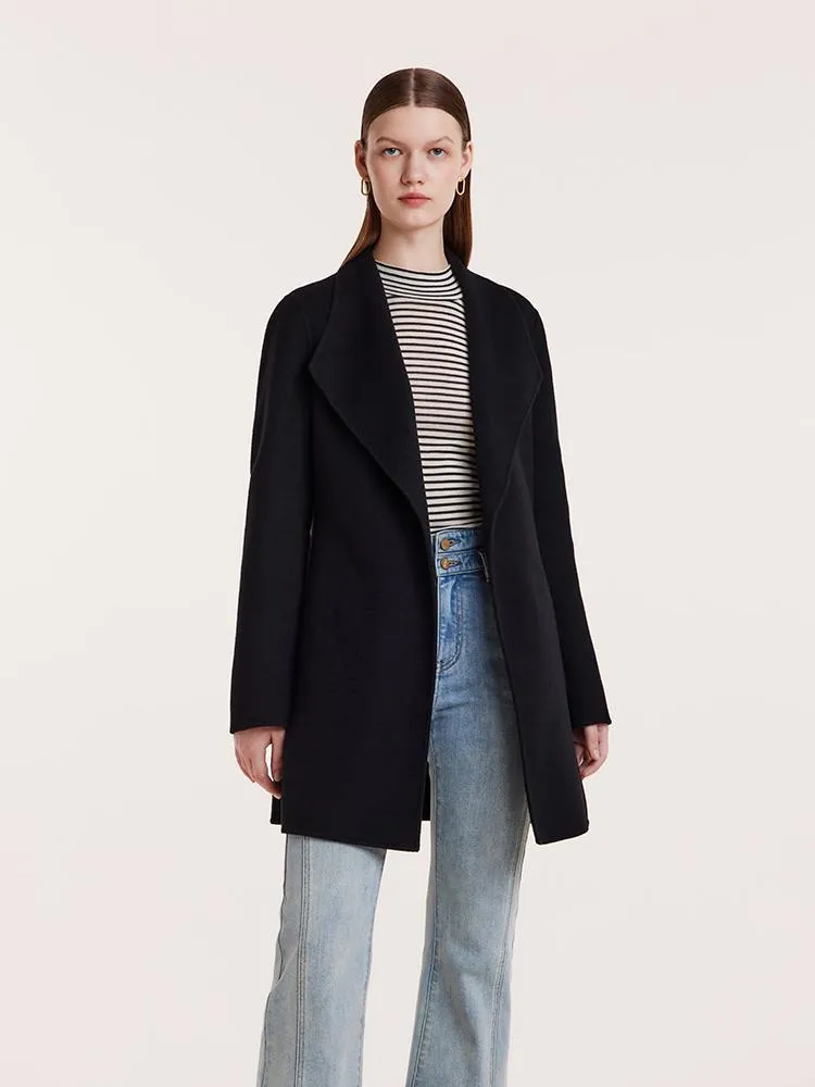 Tencel Wool Notched Lapel Mid-Length Coat With Belt