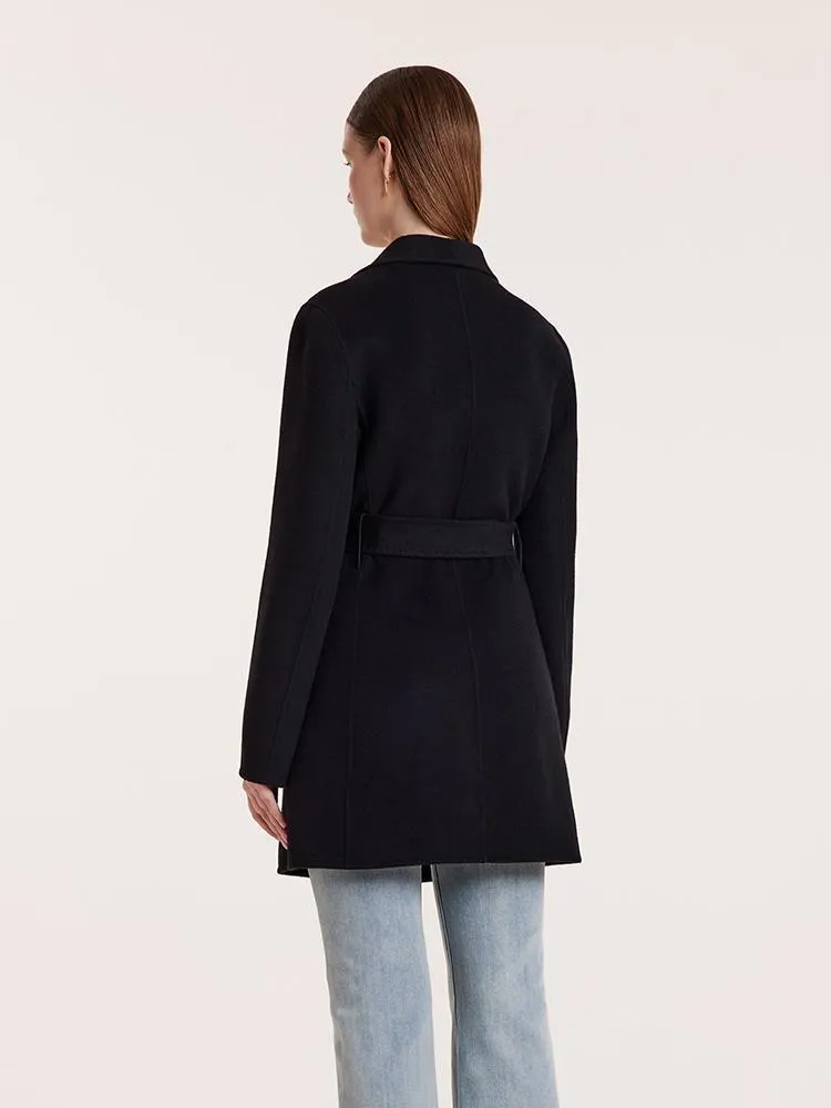 Tencel Wool Notched Lapel Mid-Length Coat With Belt