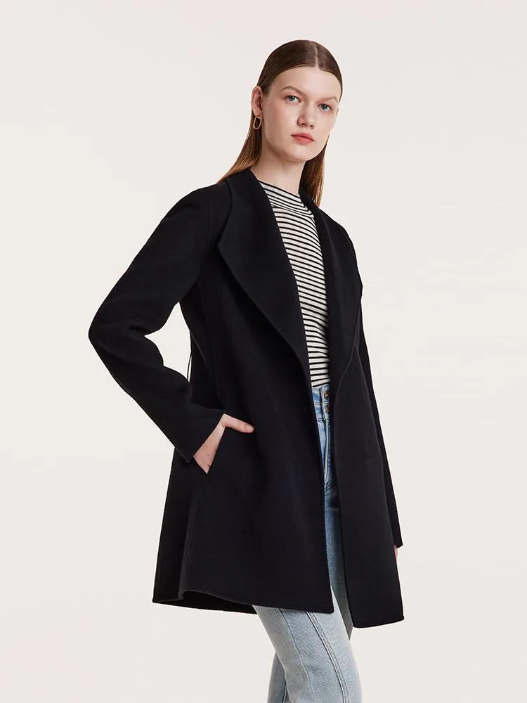 Tencel Wool Notched Lapel Mid-Length Coat With Belt