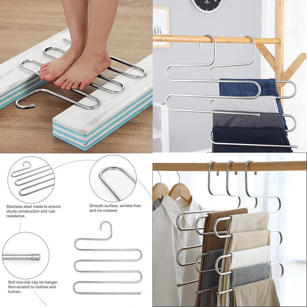 US 2-4 Pcs Trouser Pants Hanger Non-Slip S-Shape 5-Layer Rack Closet Space Saver