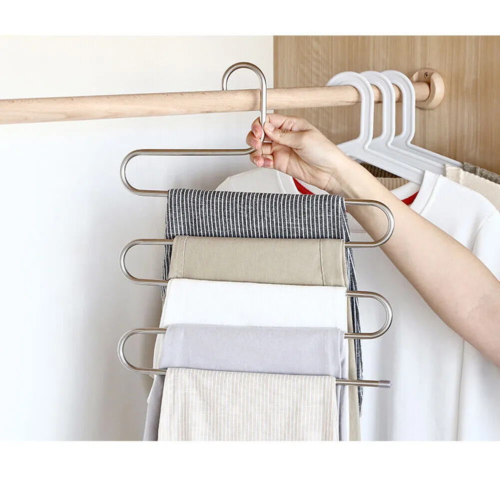 US 2-4 Pcs Trouser Pants Hanger Non-Slip S-Shape 5-Layer Rack Closet Space Saver