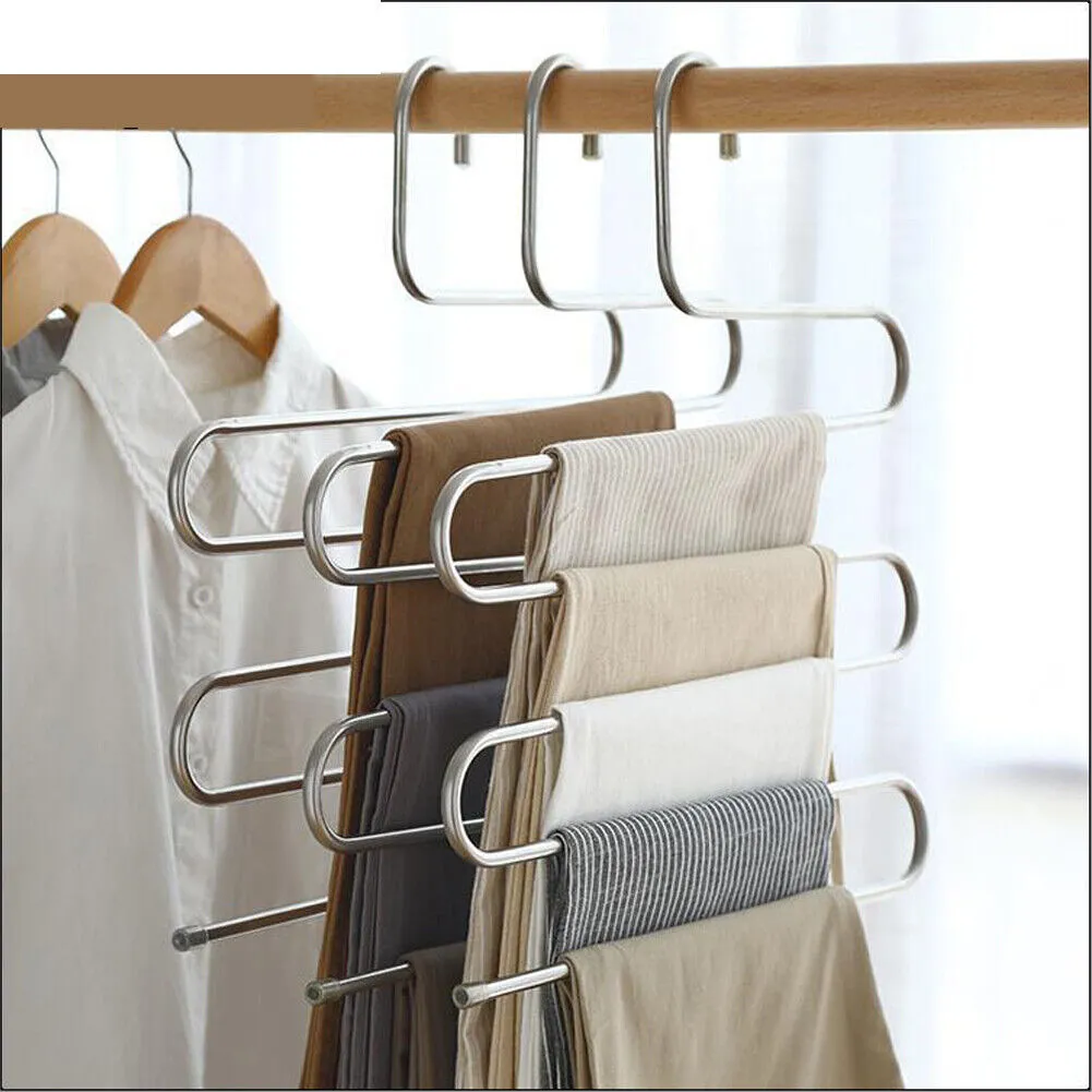 US 2-4 Pcs Trouser Pants Hanger Non-Slip S-Shape 5-Layer Rack Closet Space Saver